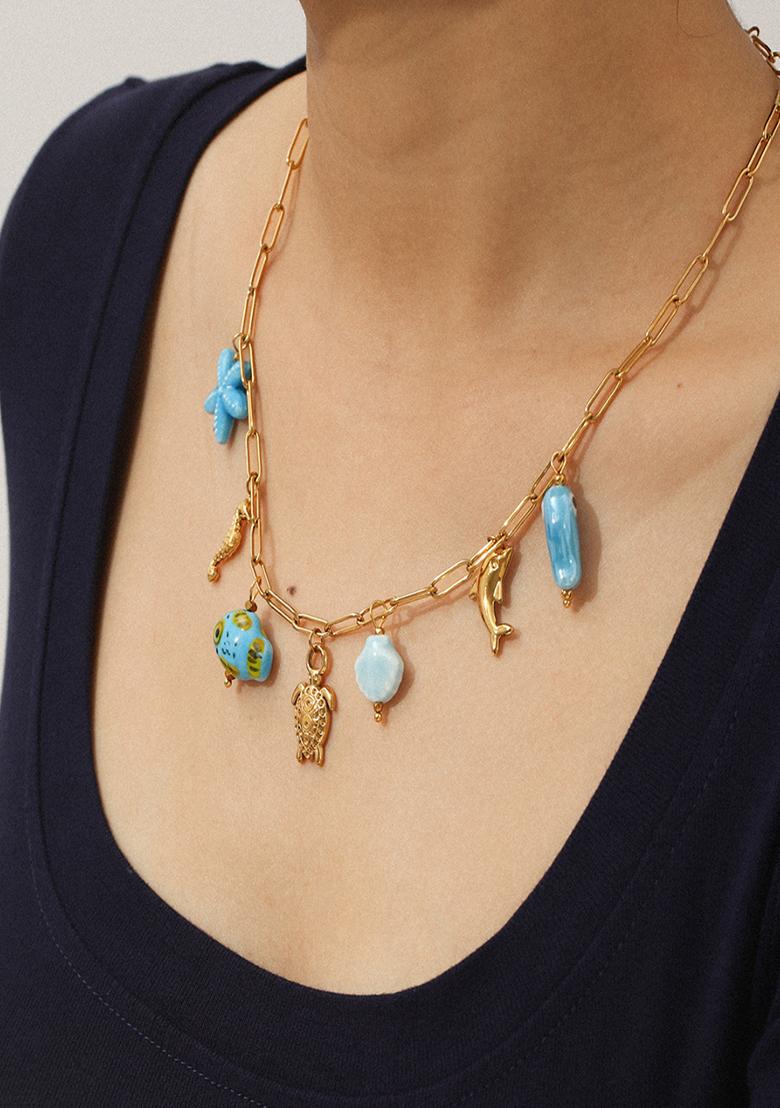 18K Gold Plated Waterproof Anti-Tarnish Fish & Sea Charms Necklace - Indya