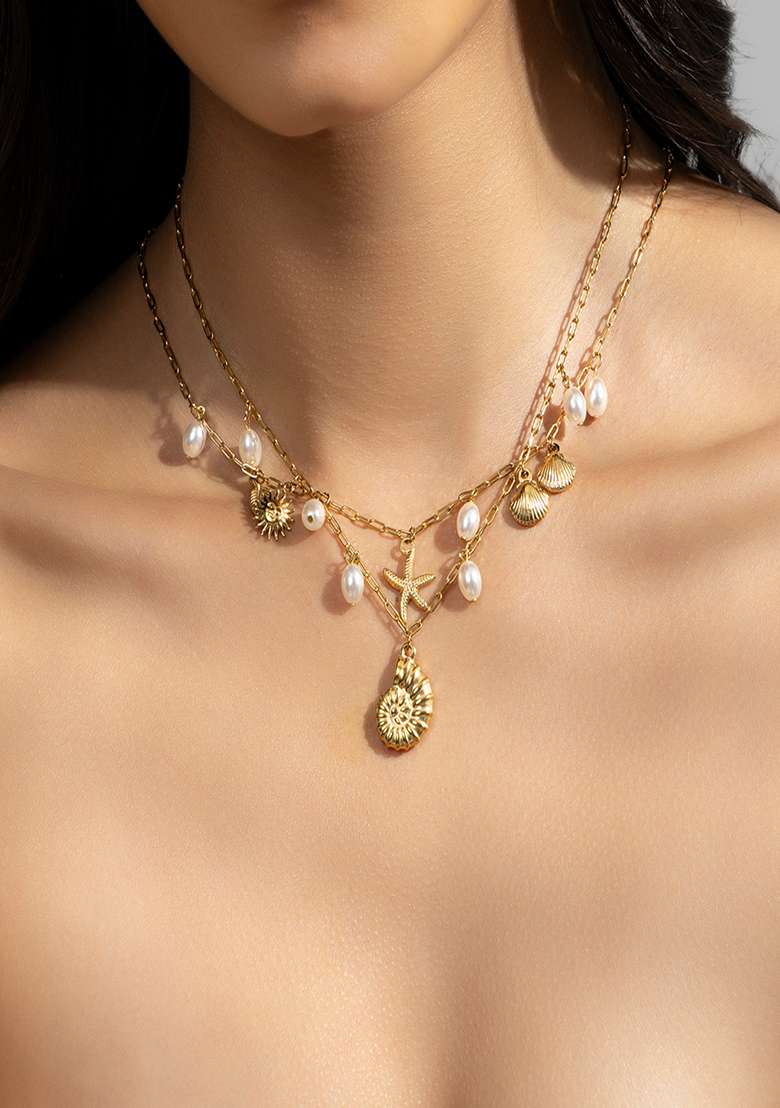 18K Gold Plated Waterproof Anti-Tarnish Shell & Sea Charms Pearl Necklace - Indya