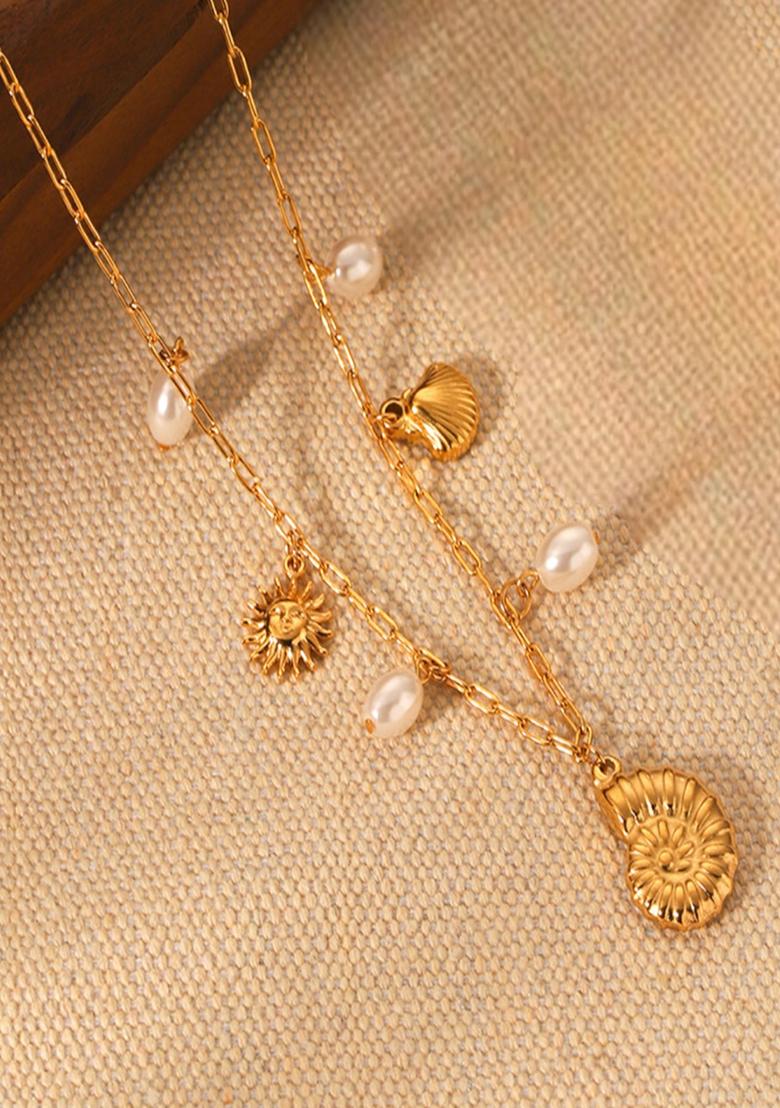 18K Gold Plated Waterproof Anti-Tarnish Shell & Sea Charms Pearl Necklace - Indya