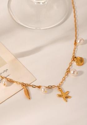 18K Gold Plated Waterproof Anti-Tarnish Starfish & Sea Charms Pearl Necklace