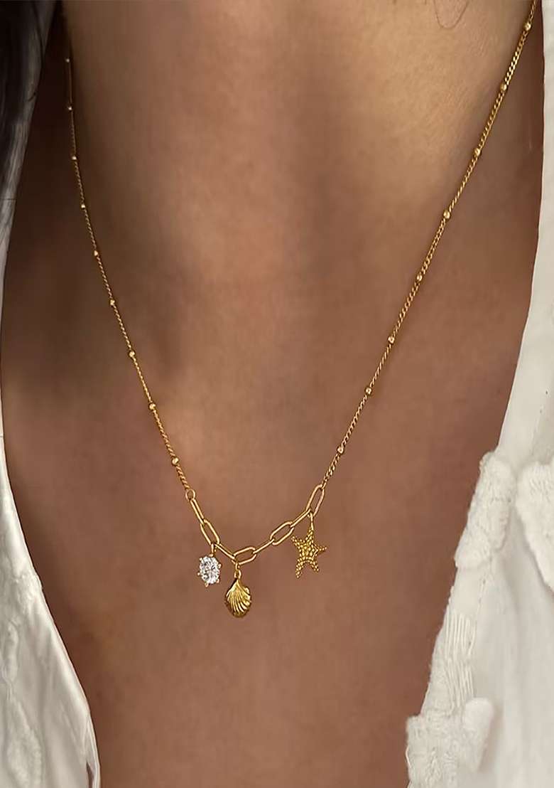 18K Gold Plated Anti-Tarnish Shell Starfish And Zircon Charms Necklace - Indya