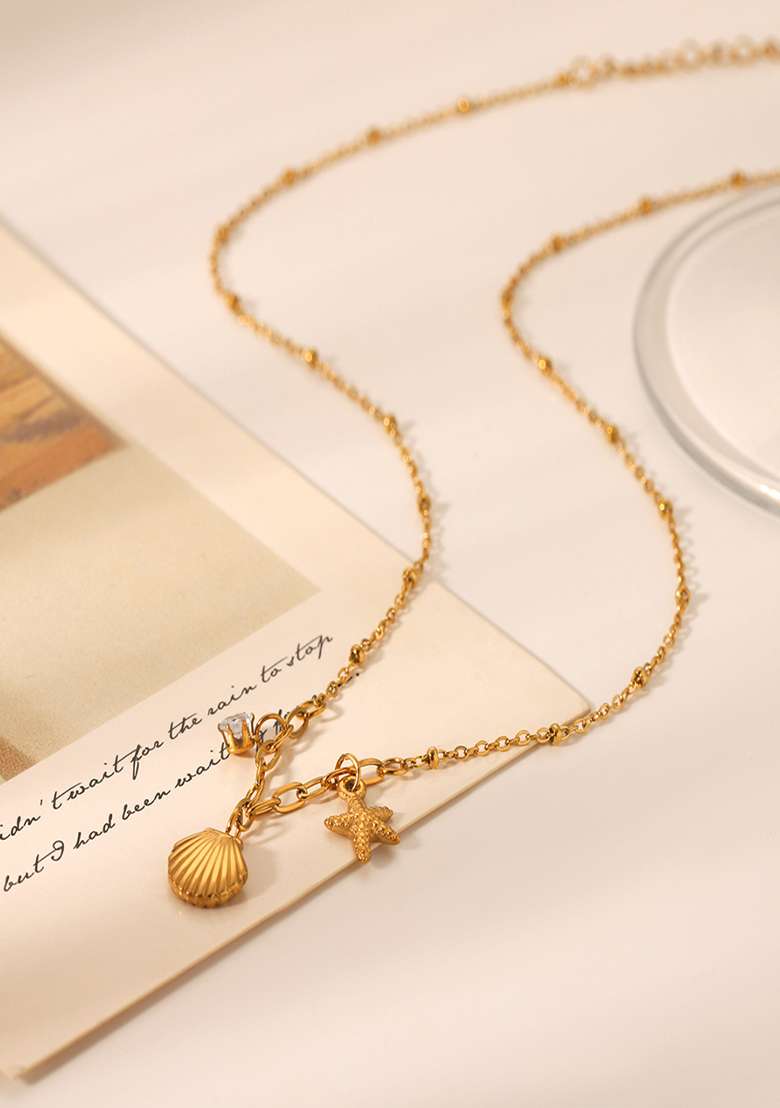 18K Gold Plated Anti-Tarnish Shell Starfish And Zircon Charms Necklace - Indya