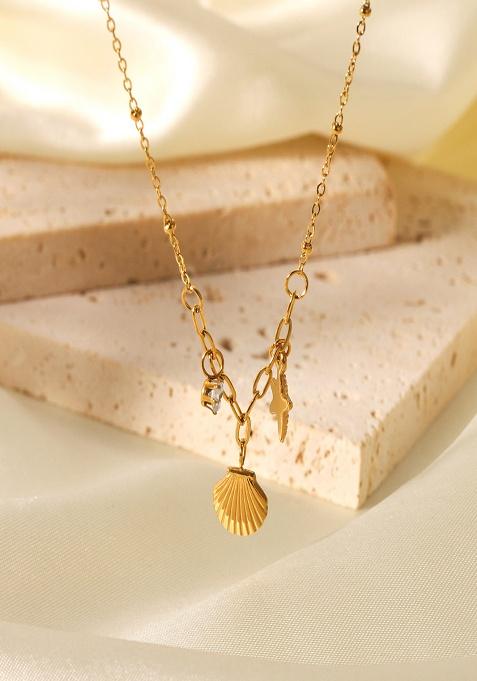 18K Gold Plated Anti-Tarnish Shell Starfish And Zircon Charms Necklace