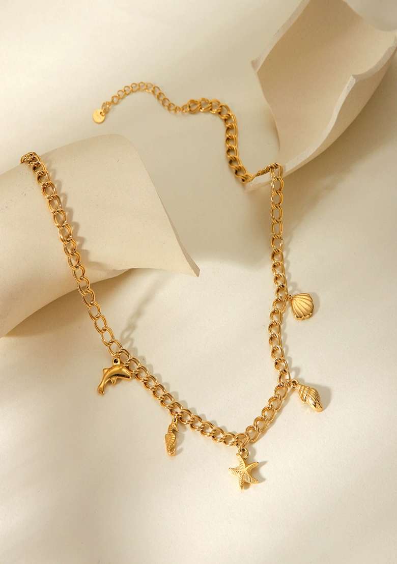 18K Gold Plated Waterproof Anti-Tarnish Starfish & Sea Charms Necklace - Indya