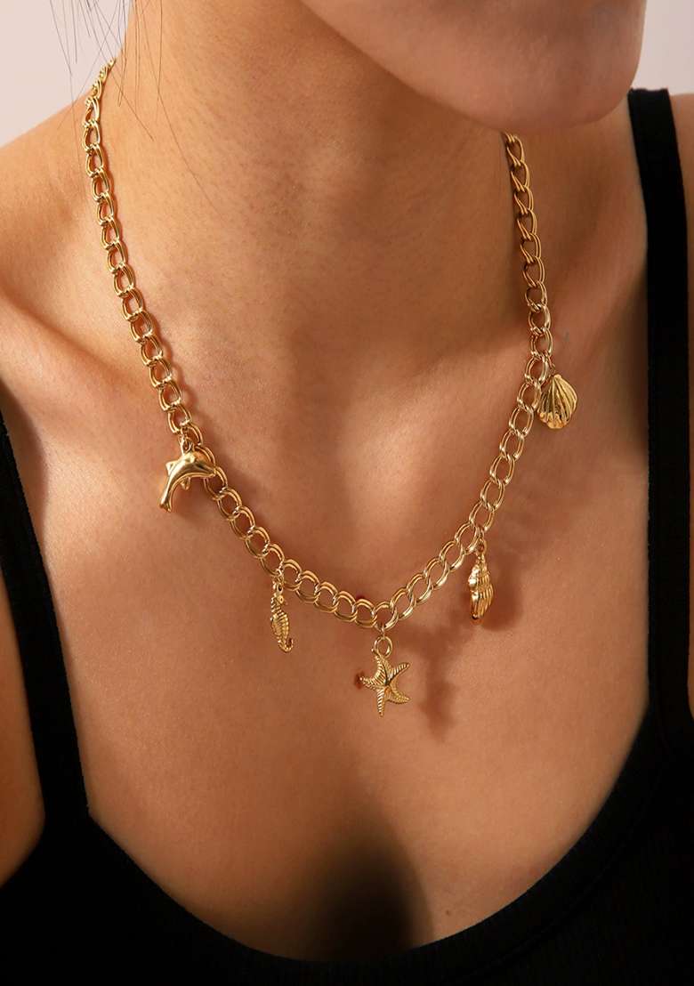 18K Gold Plated Waterproof Anti-Tarnish Starfish & Sea Charms Necklace - Indya
