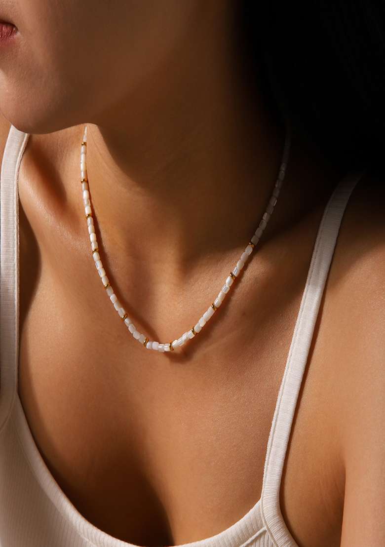 18K Gold Plated Waterproof Anti-Tarnish Mother Of Pearl Beaded Necklace - Indya