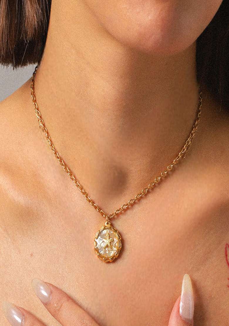18K Gold Plated Waterproof Antitarnish White Crushed Shell Starfish Oval Pendant - Indya