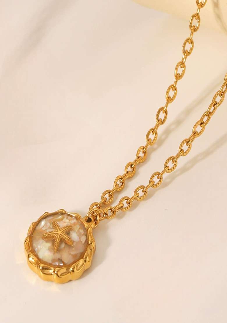 18K Gold Plated Waterproof Antitarnish White Crushed Shell Starfish Oval Pendant - Indya