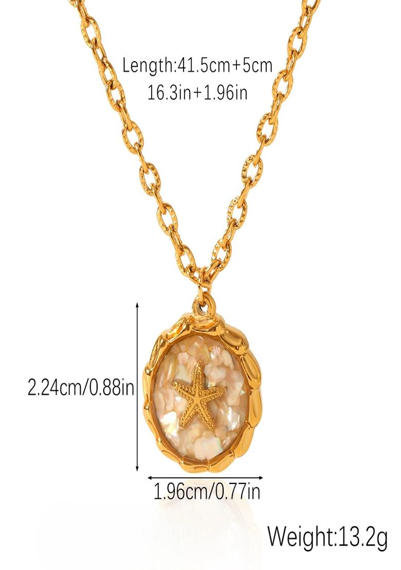 18K Gold Plated Waterproof Antitarnish White Crushed Shell Starfish Oval Pendant - Indya