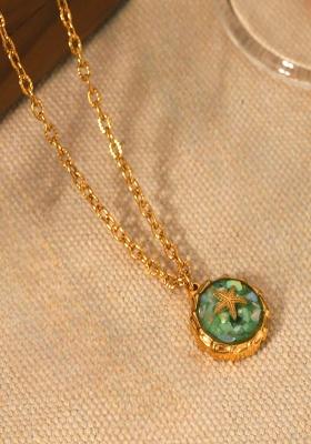 18K Gold Plated Waterproof Antitarnish Green Crushed Shell Starfish Oval Pendant