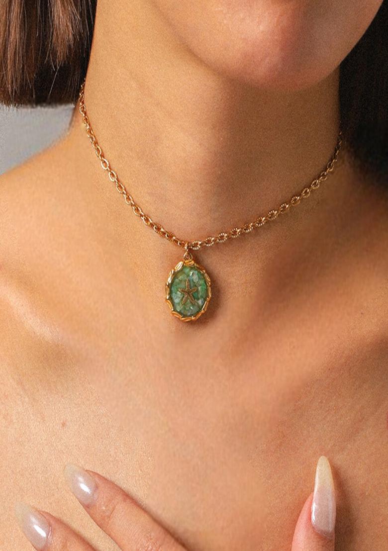 18K Gold Plated Waterproof Antitarnish Green Crushed Shell Starfish Oval Pendant - Indya