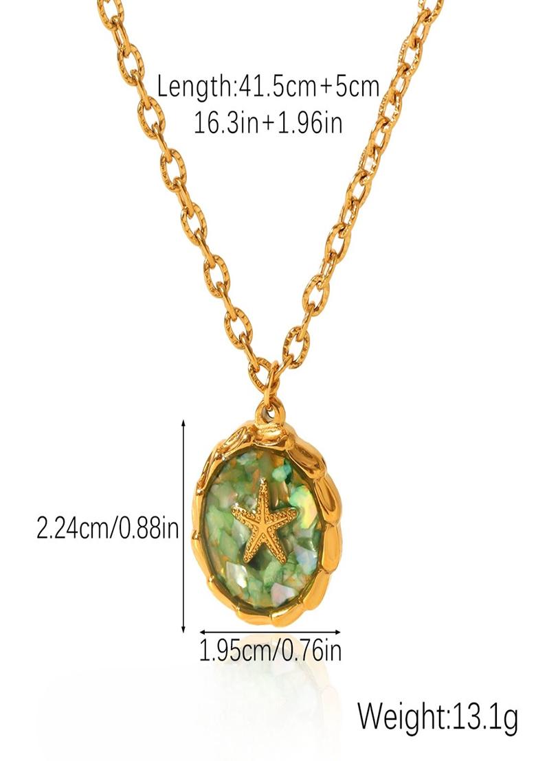 18K Gold Plated Waterproof Antitarnish Green Crushed Shell Starfish Oval Pendant - Indya
