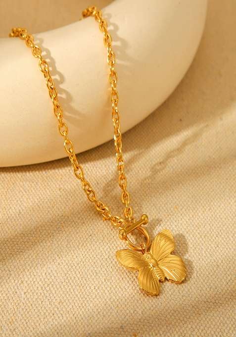 18K Gold Plated Waterproof Anti-Tarnish Butterfly Toggle Clasp Necklace
