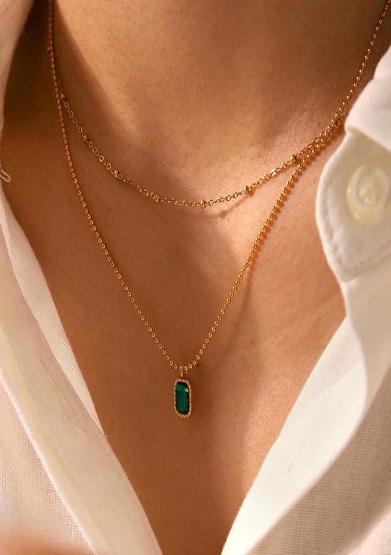 18K Gold Plated Waterproof Anti-Tarnish Emerald Green Zircon Layered Necklace - Indya