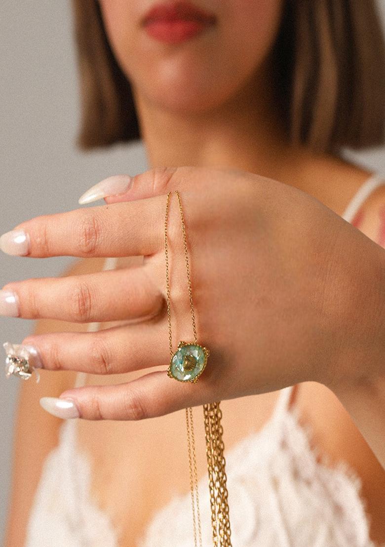 18K Gold Plated Waterproof Anti-Tarnish Green Crushed Shell Oval Pendant - Indya