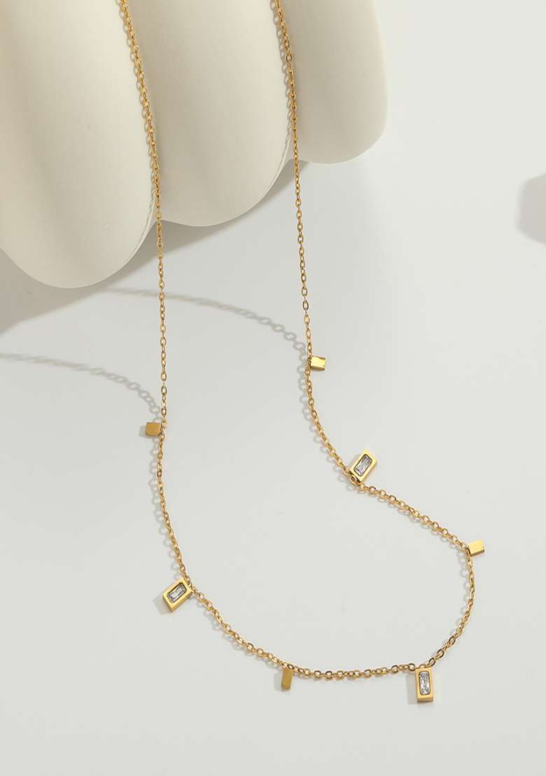 18K Gold Plated Waterproof Anti-Tarnish Zircon Square Drops Chain Necklace - Indya