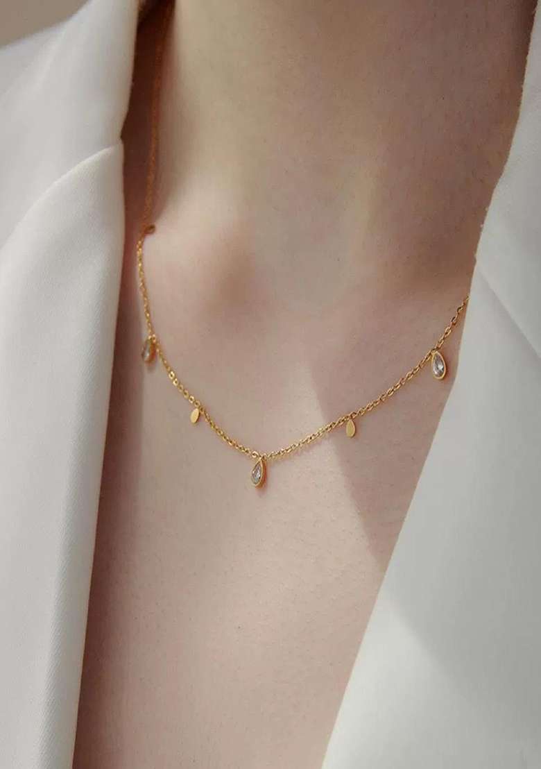 18K Gold Plated Waterproof Anti-Tarnish Zircon Tear Drops Chain Necklace - Indya