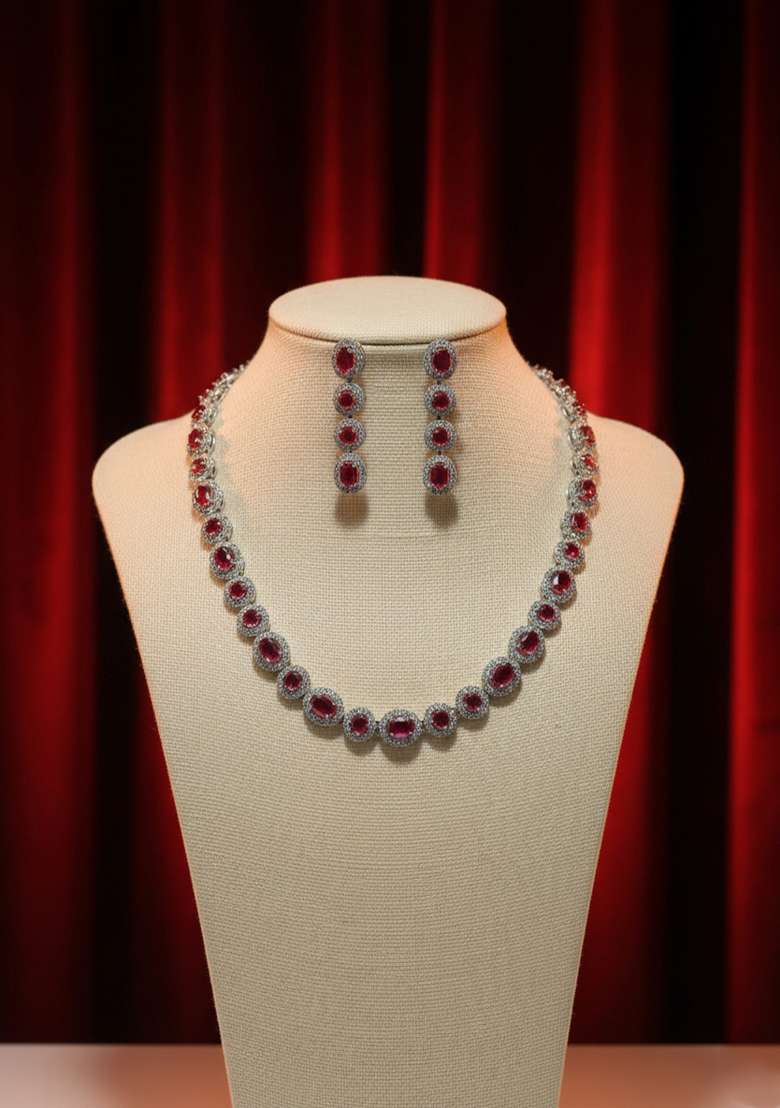 Red American Diamonds Necklace Set - Indya