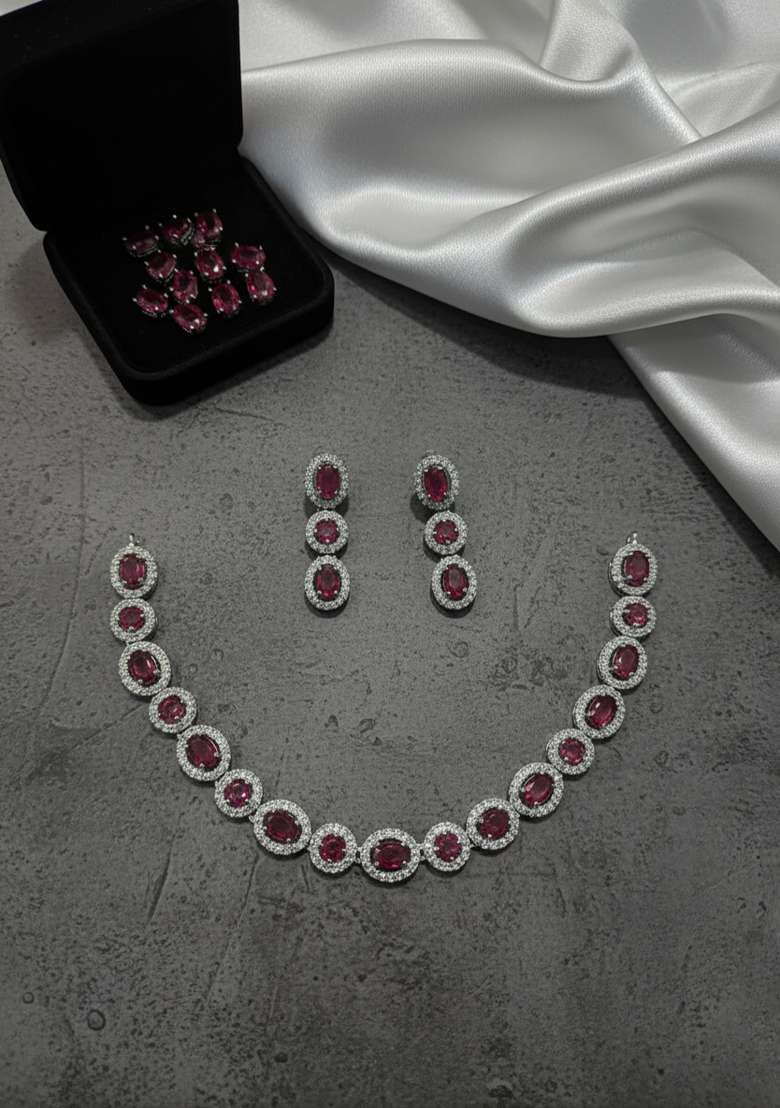 Red American Diamonds Necklace Set - Indya