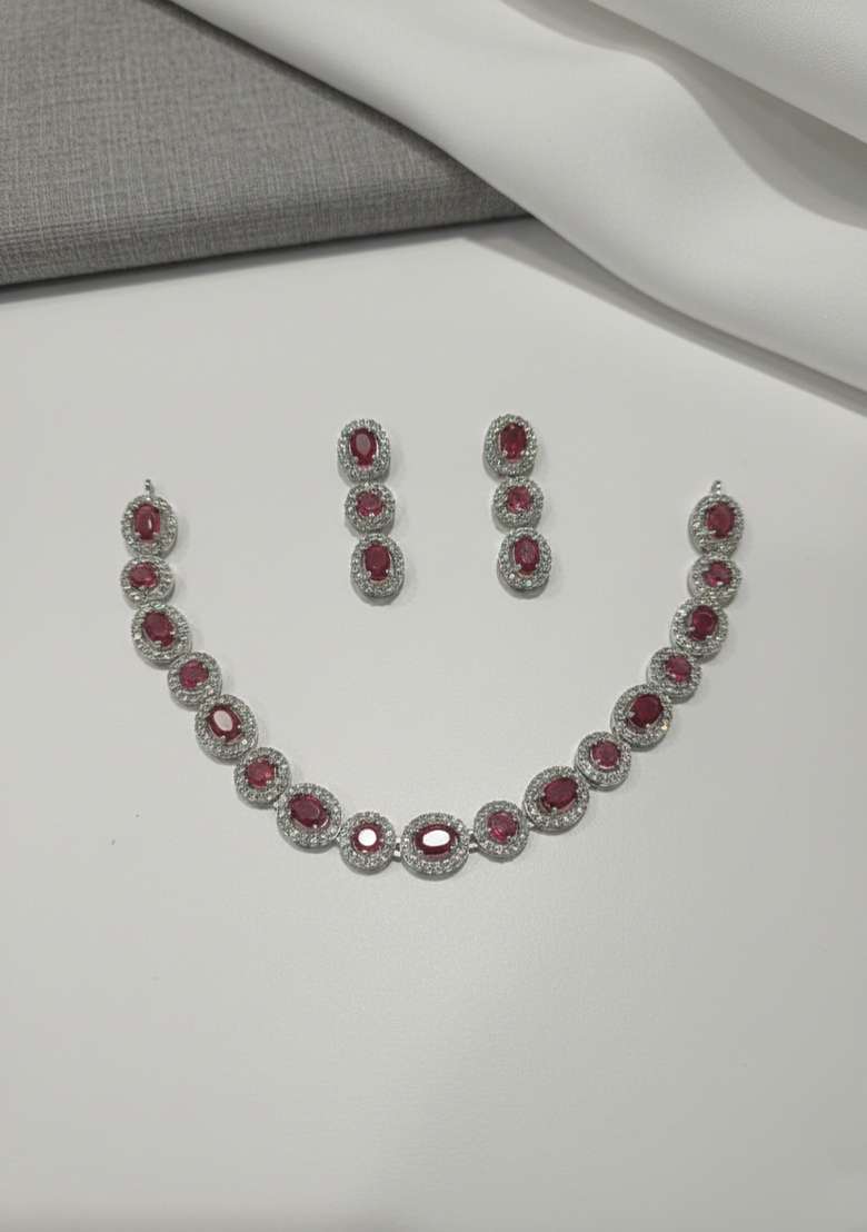 Red American Diamonds Necklace Set - Indya