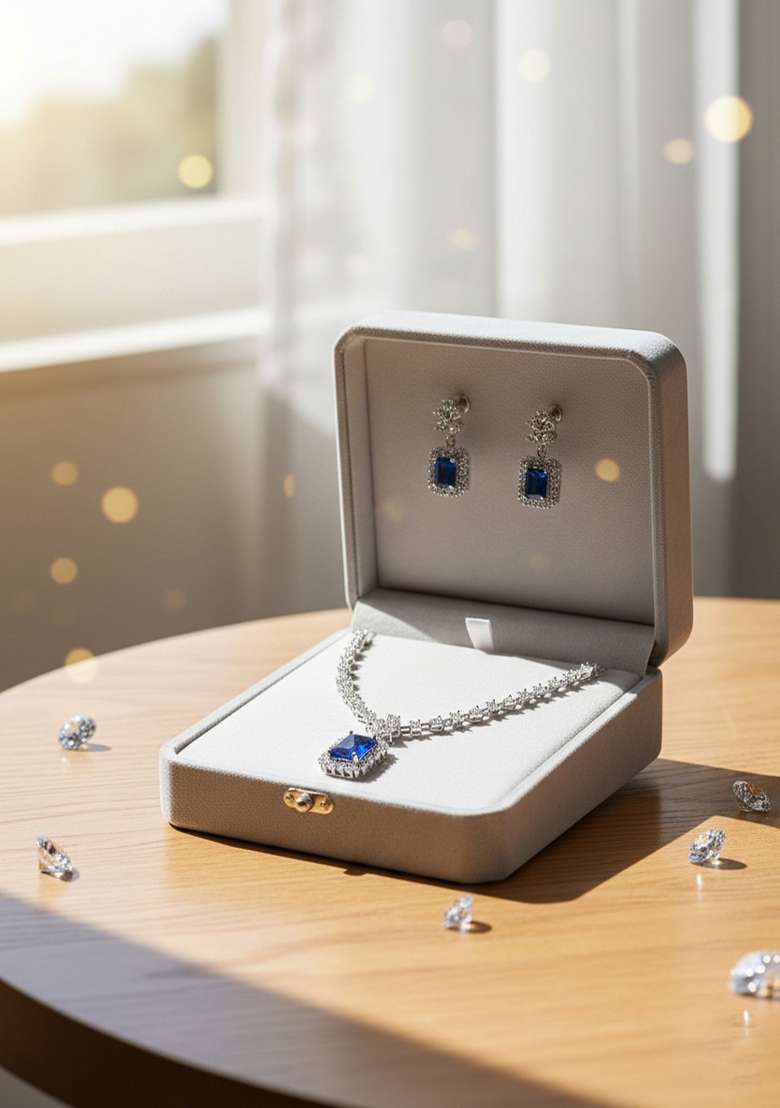 Blue American Diamonds Necklace Set - Indya