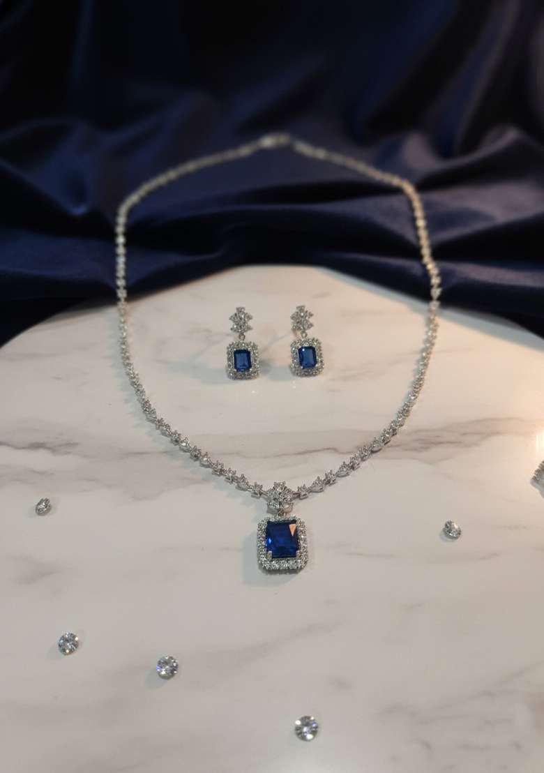 Blue American Diamonds Necklace Set - Indya