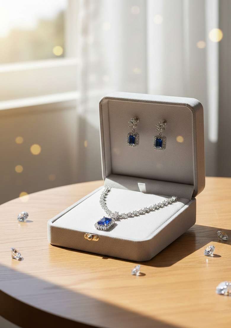 Blue American Diamonds Necklace Set - Indya