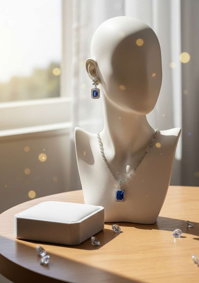 Blue American Diamonds Necklace Set - Indya