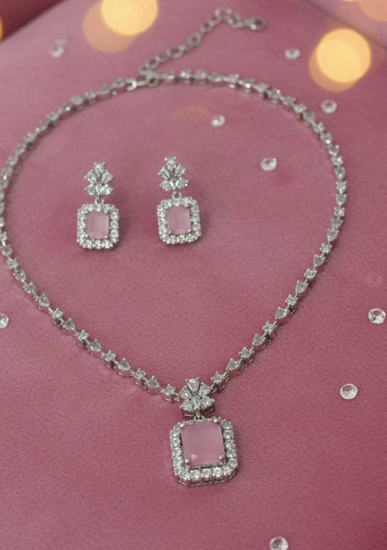 Pink American Diamonds Necklace Set - Indya