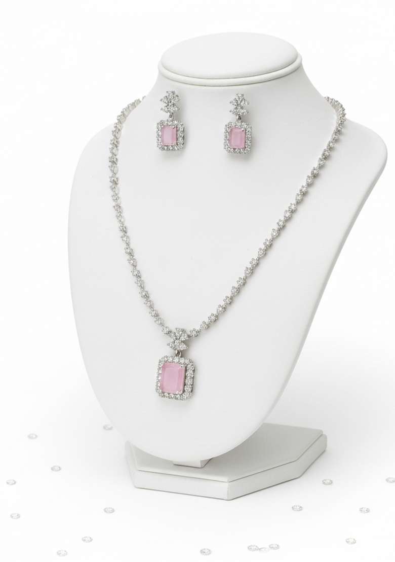 Pink American Diamonds Necklace Set - Indya