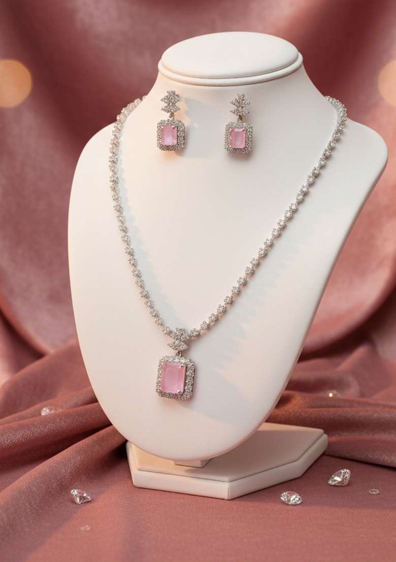 Pink American Diamonds Necklace Set - Indya