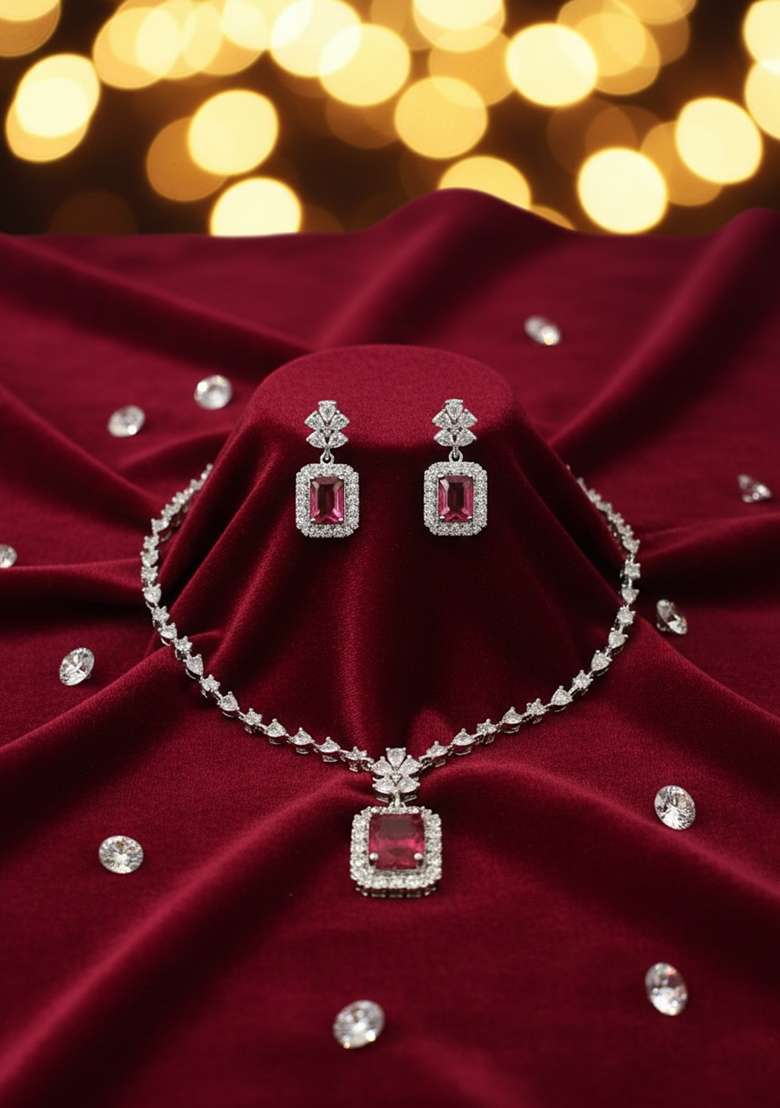 Red American Diamonds Necklace Set - Indya