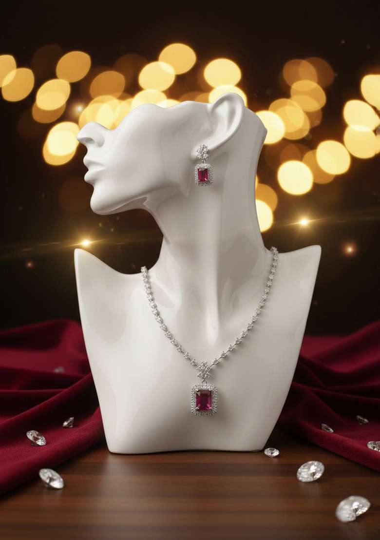 Red American Diamonds Necklace Set - Indya