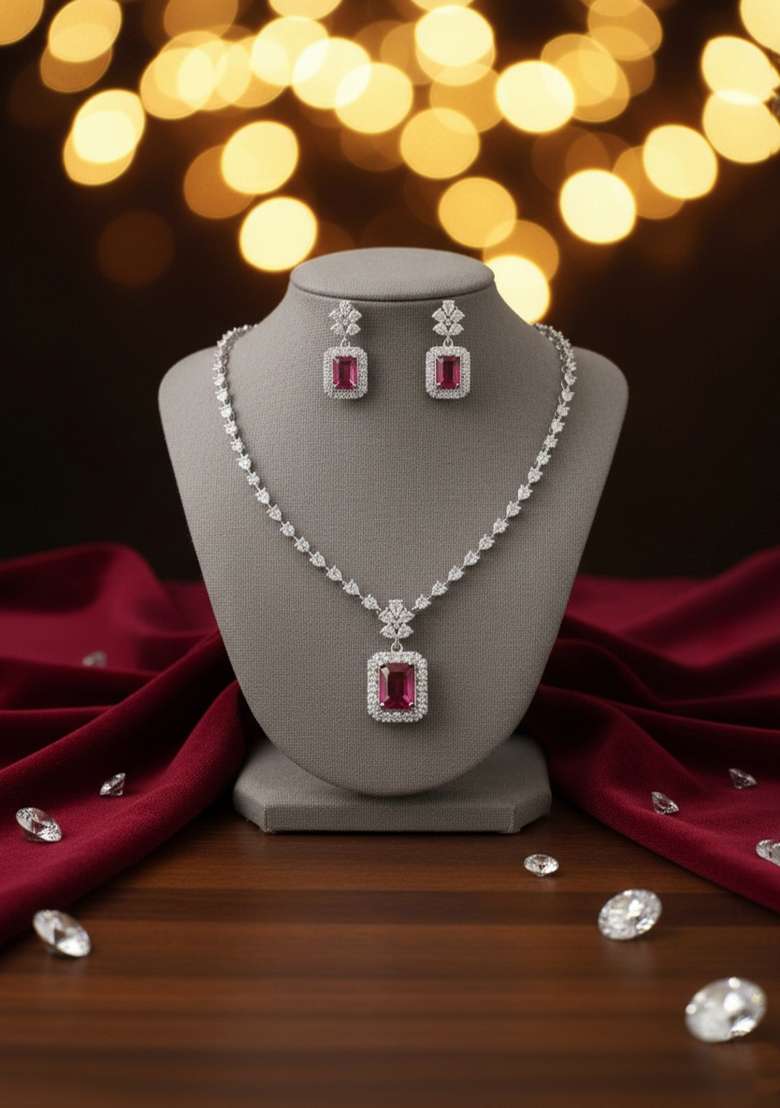 Red American Diamonds Necklace Set - Indya