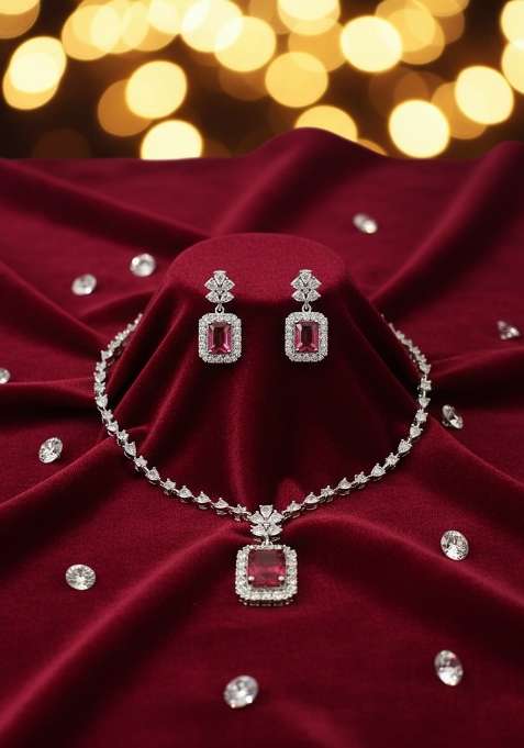 Red American Diamonds Necklace Set