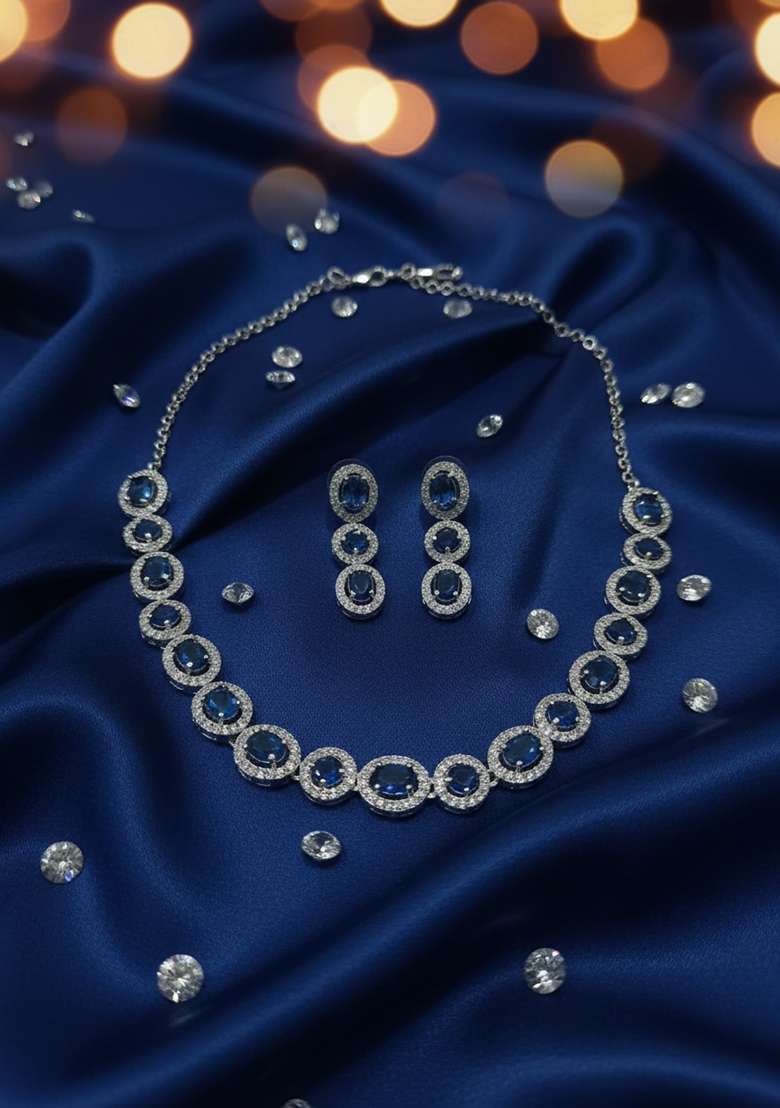 Blue American Diamonds Necklace Set - Indya