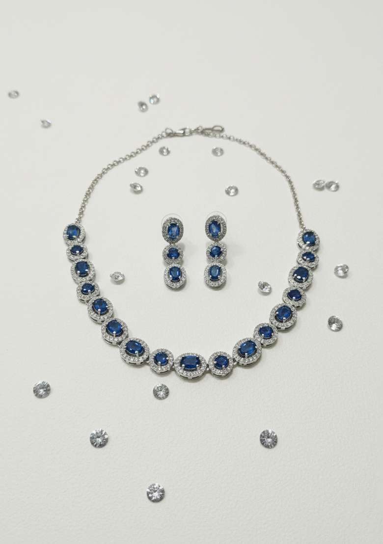 Blue American Diamonds Necklace Set - Indya