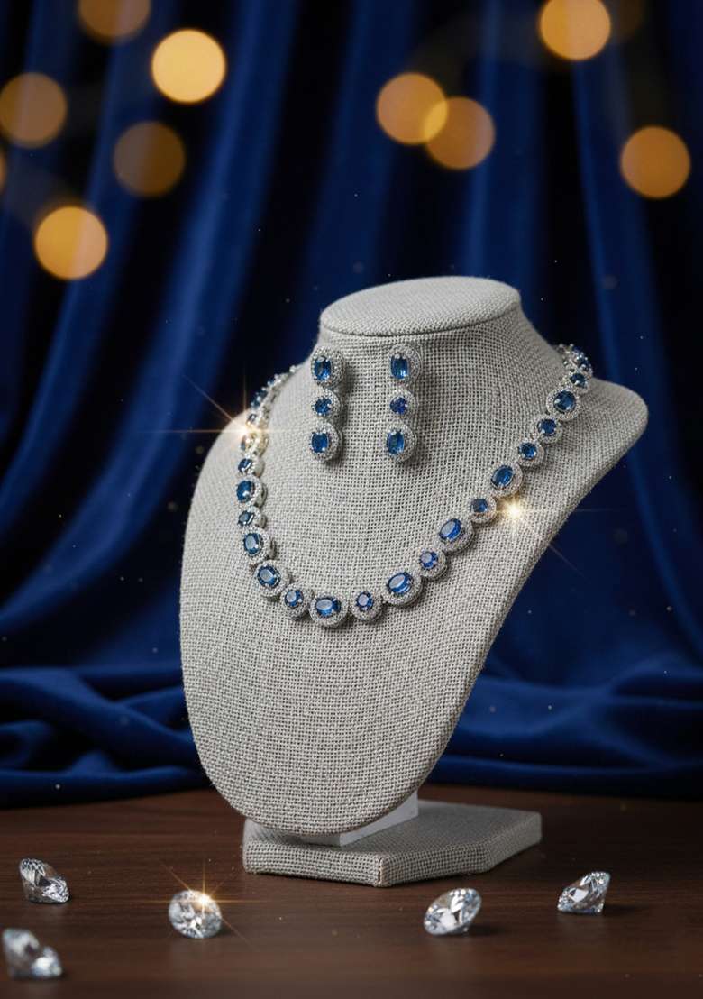 Blue American Diamonds Necklace Set - Indya