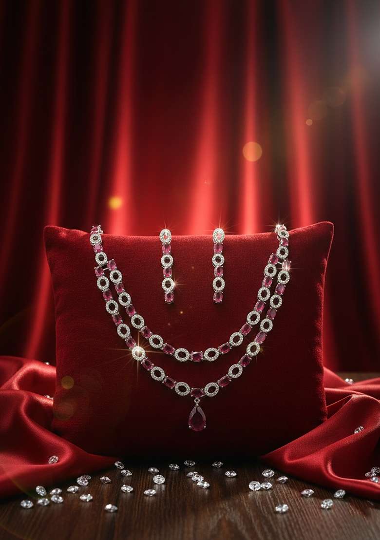 Red American Diamonds Necklace Set - Indya