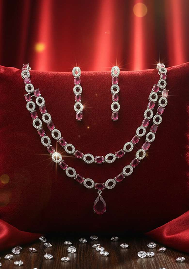 Red American Diamonds Necklace Set - Indya