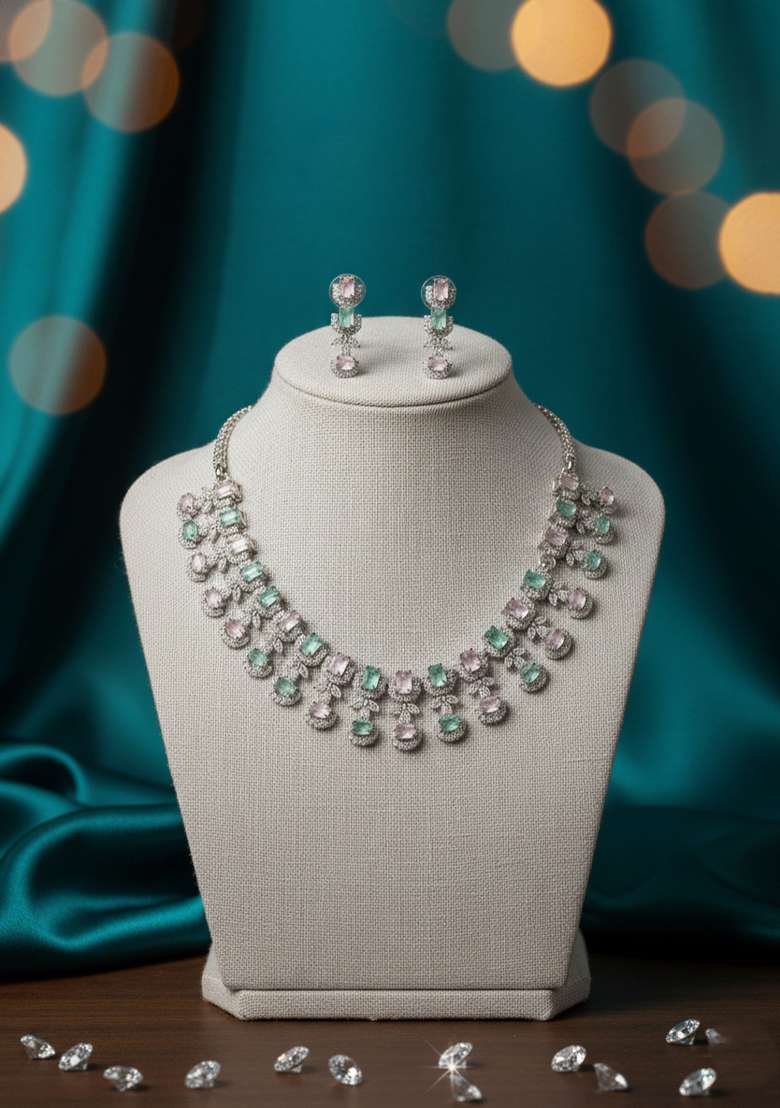 Multicolor American Diamonds Necklace Set - Indya