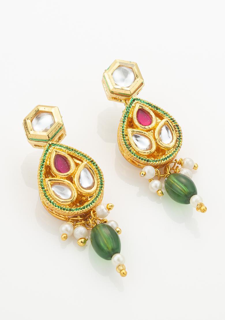 Green Kundan Alloy Necklace Set - Indya