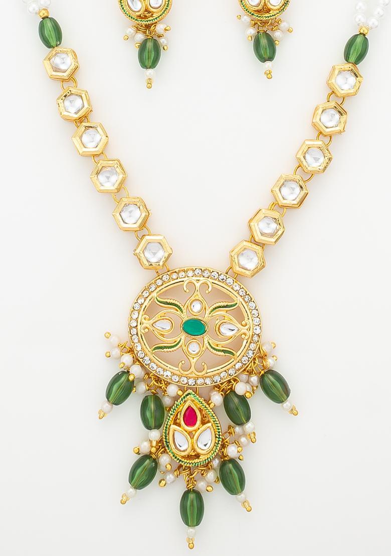 Green Kundan Alloy Necklace Set - Indya