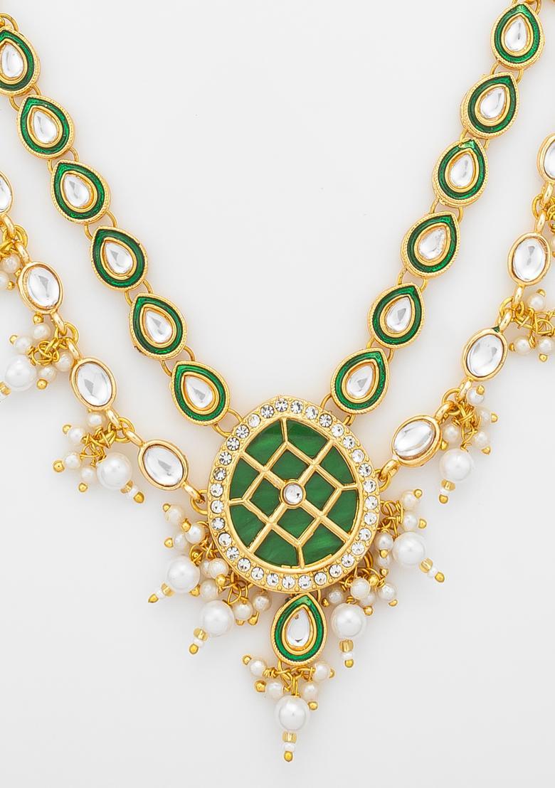 Green Kundan Alloy Necklace Set - Indya