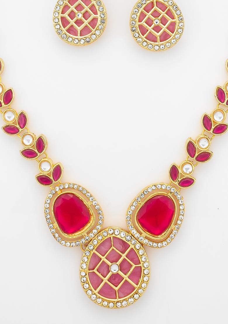 Red Kundan Alloy Necklace Set - Indya