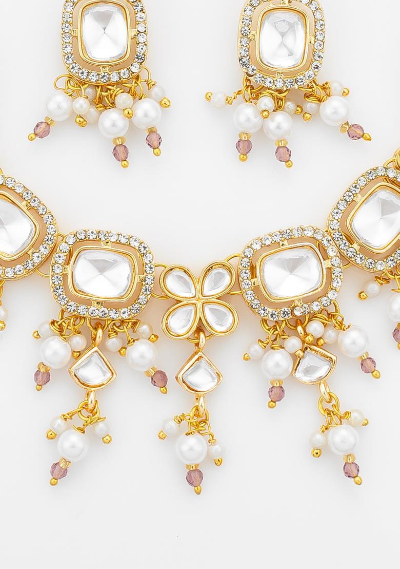 Golden Kundan Alloy Necklace Set - Indya