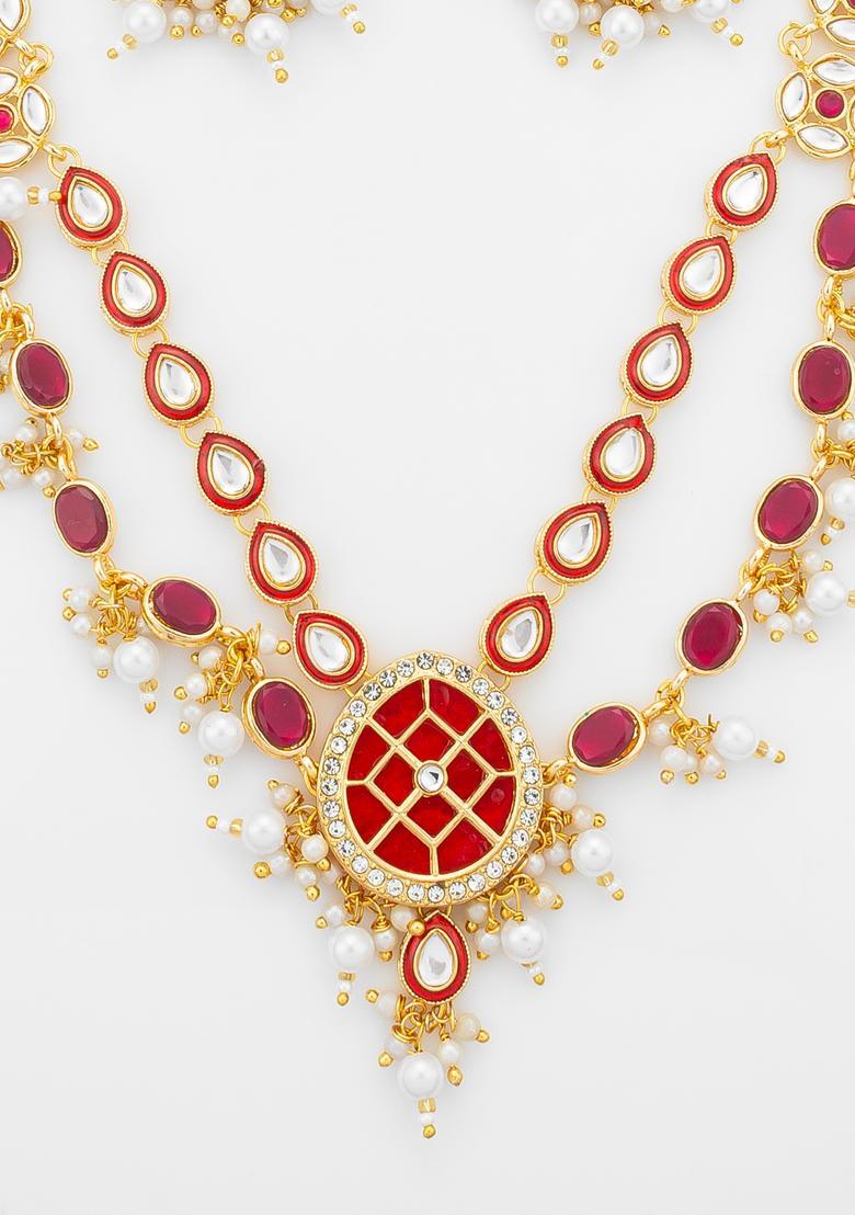 Red Kundan Alloy Necklace Set - Indya