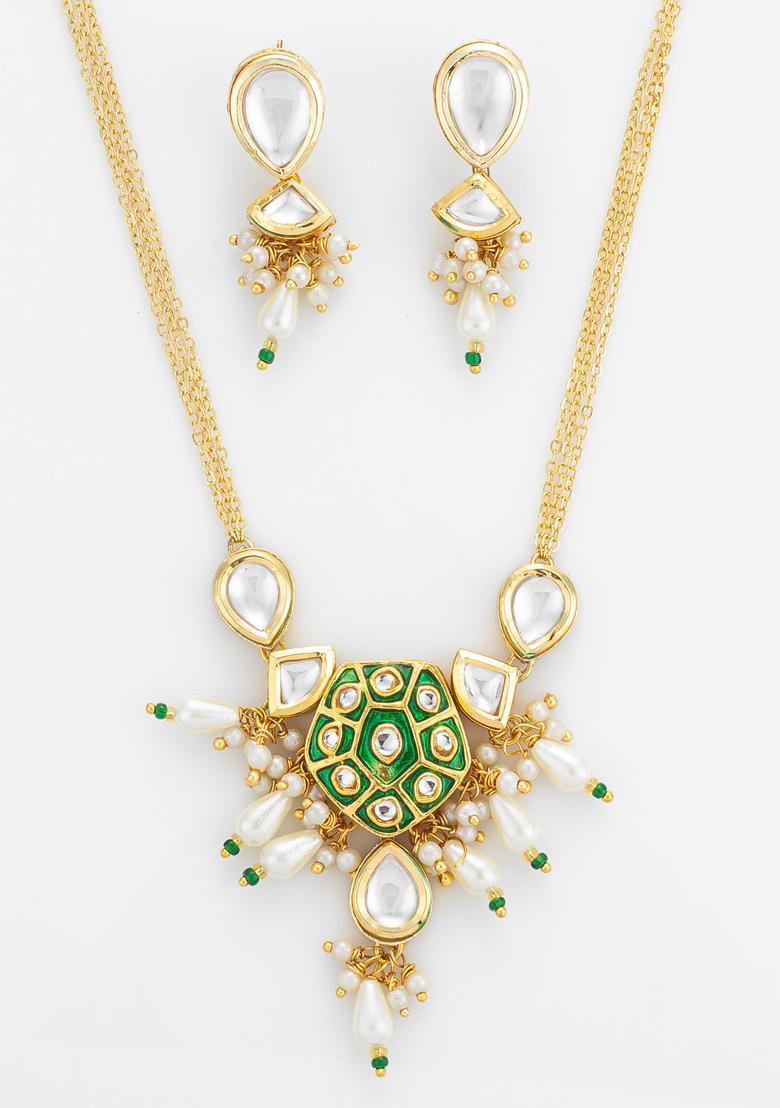 Green Kundan Alloy Necklace Set - Indya