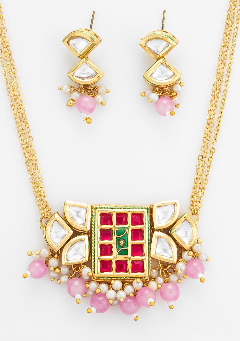 Pink Kundan Alloy Necklace Set - Indya