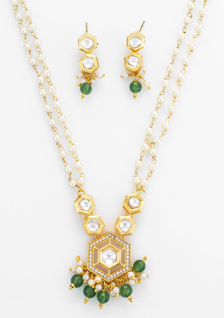 Green Kundan Alloy Necklace Set - Indya